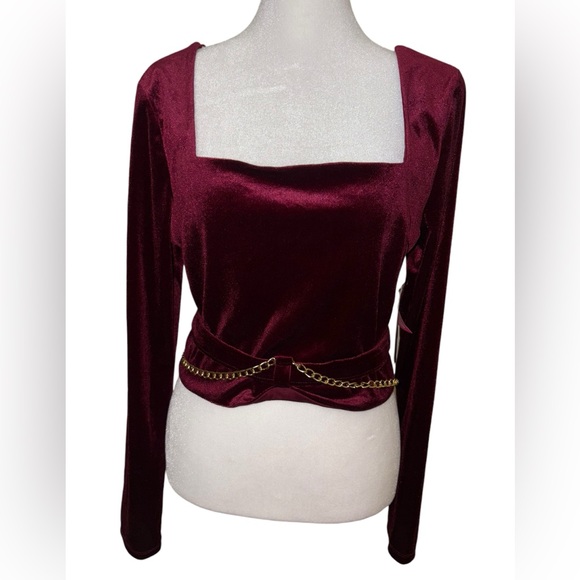 Willow Tops - XL Willow Red Velvet Gold Chain Belted Crop Top